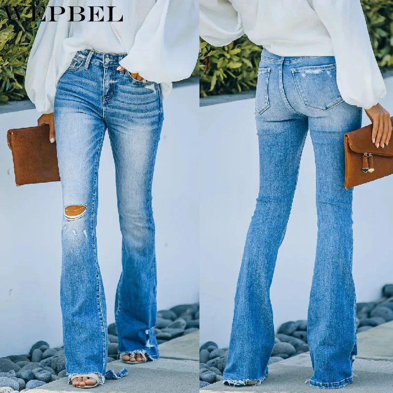 

Женские рваные джинсы WEPBEL, повседневные однотонные летние модные узкие джинсовые брюки-клеш с высокой талией, пуговицами и карманами