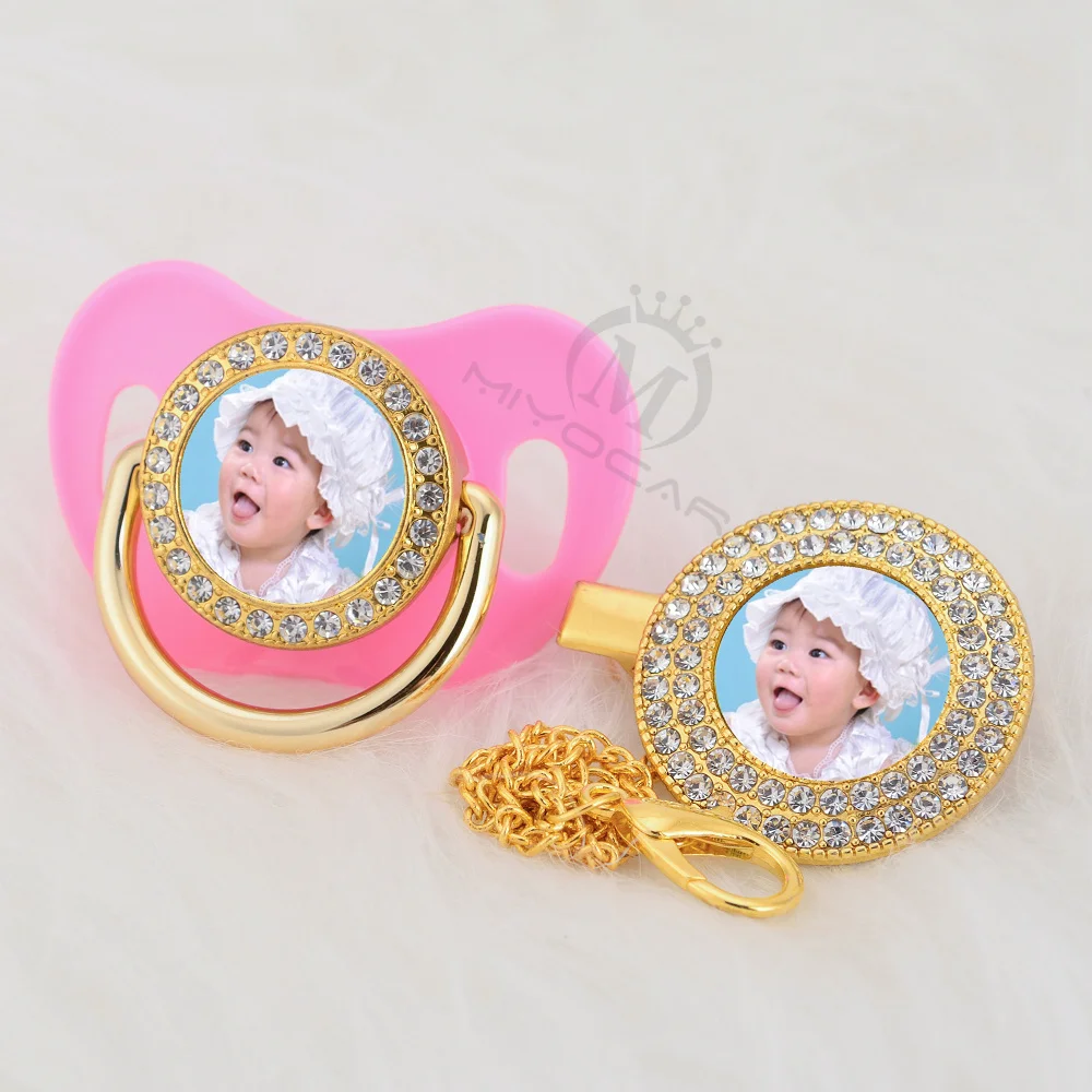 MIYOCAR custom any name photo gold bling pacifier and pacifier clip BPA free dummy bling amazing design P-P