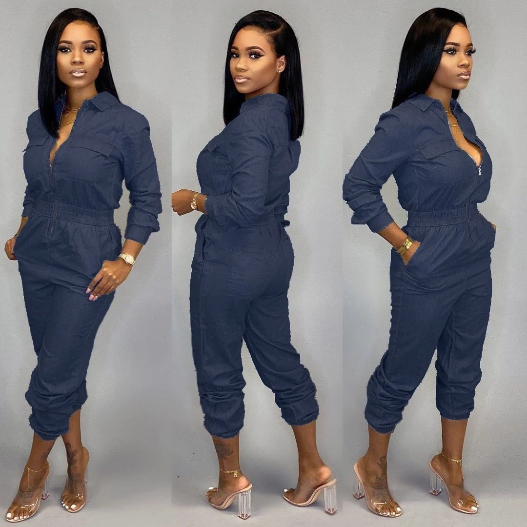 Женский джинсовый комбинезон Wjustforu синий Повседневный Облегающий на молнии 2