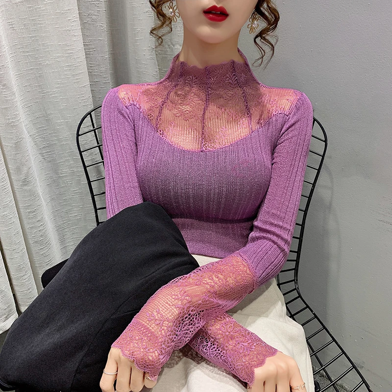 Женский кружевной свитер без подкладки облегающий элегантный Трикотажный с