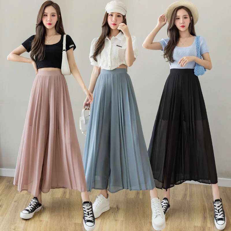 

Fashion Elastic High Waist Wide-leg Pants Women Casual Solid Color Pleated Skirt Pants Ladies Summer Loose Flowing Chiffon Trous