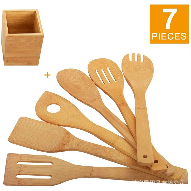 

New 7Pcs Bamboo Kitchen Cooking Utensils Set Wooden Spoons & Spatula Kitchen Cooking Tools Set for Nonstick Cookware and Wok