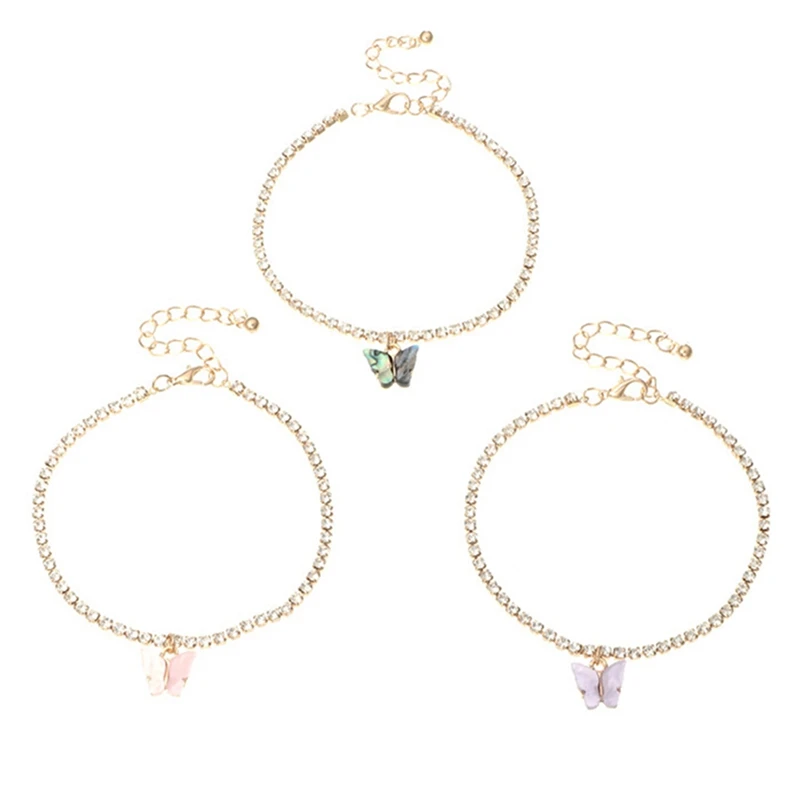 

3pcs/set Butterfly Tennis Anklet Rhinestone Jewelry For Women Crystal Butterfly Pendant Anklet Beach Foot Chain Bracelet