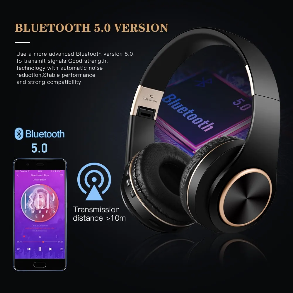 Новинка T8 Беспроводные bluetooth складные наушники регулируемые наушники с микрофоном для Iphone Xiaomi Поддержка TF карты
