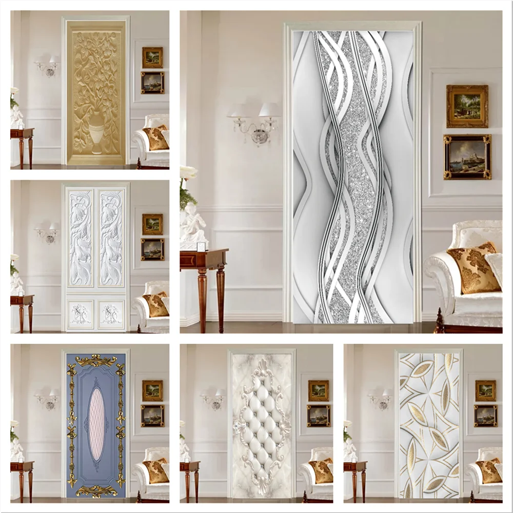 3D Entrance Door Decoration Stickers Room Simple Abstract Lines Relief Wallpaper European Golden Soft Roll Bedroom Home Decor