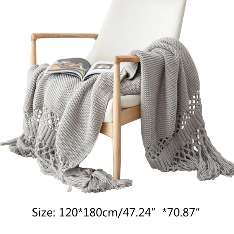 

Nordic Sofa Chunky Knitted Throw Blanket with Tassels Stylish Hollow Out Solid Color Air Conditioning Shawl Cover