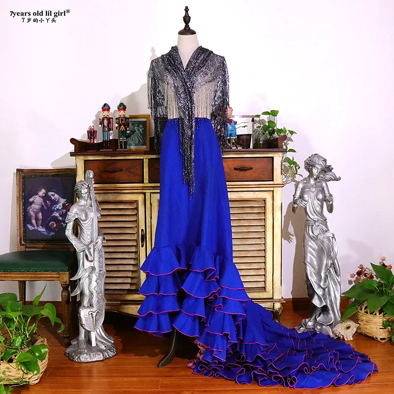 

7years Old Lil Girl Spanish Flamenco Bata Dress Multilayer Festival Skirt Cotton For Women CWQ02