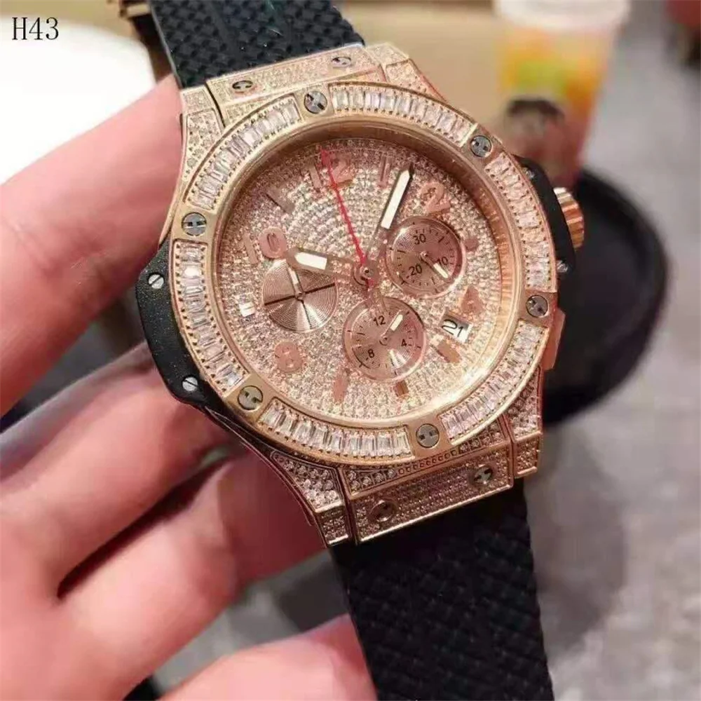 

Fashion sport watches full stones Men Watch stainless steel case 5ATM waterpoor quartz movement HUB Watches SIlicon strap