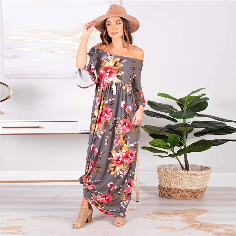 

ISAROSE Female Floral Dress Elastic Off Shoulder Flare Sleeve Spring Summer Beach Vacation Women Maxi Dresses Long Loose Vestir