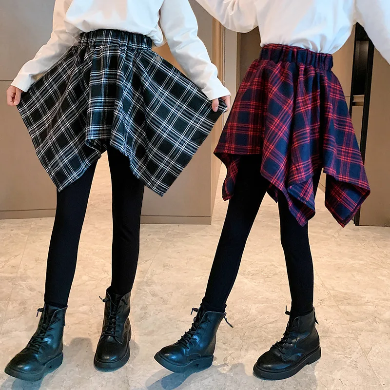 

Girls Fleece Leggings Autumn Winter Plaid Skirt-pants Fake Two Pieces Children Trousers Outer Wear Fashion Warm Tights 10 12 13Y