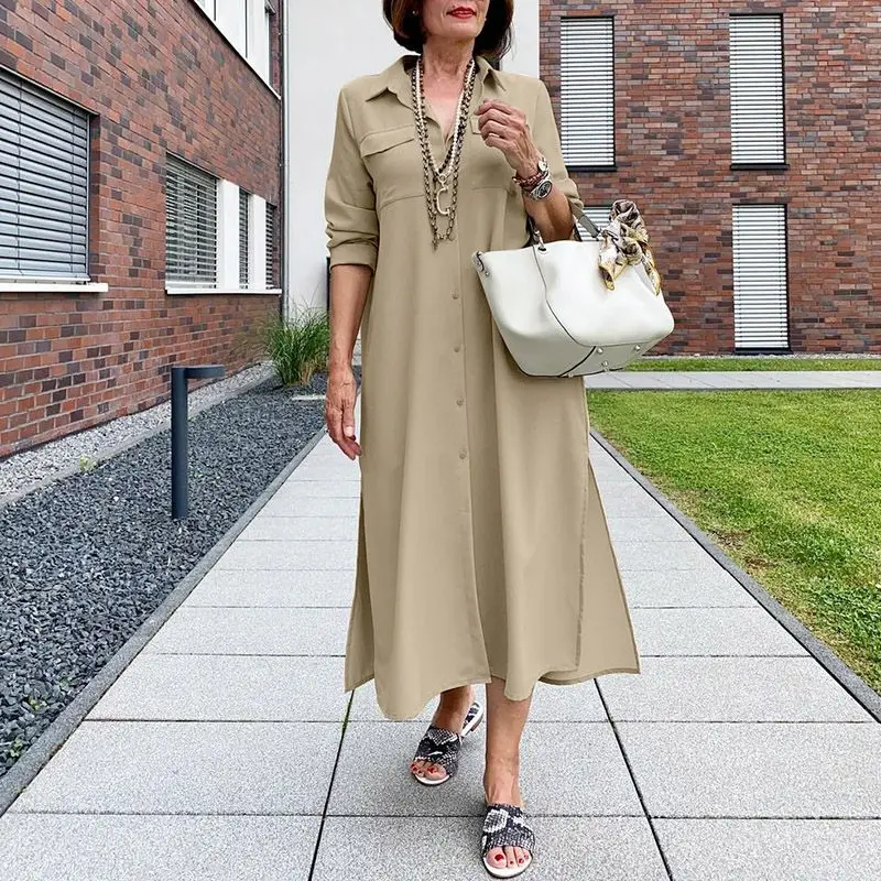 

Elegant Shirt Dress 2021 VONDA Women Long Sleeve Retro Long Maxi Dress Casual Solid Lapel Collar Button Up Vestidos Oversize