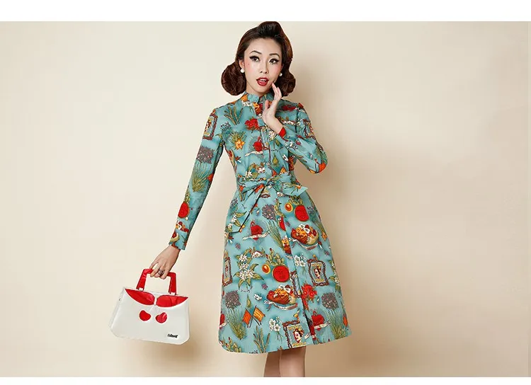 Женское винтажное платье с длинным рукавом зеленое в стиле 50 х ремнем|Женские