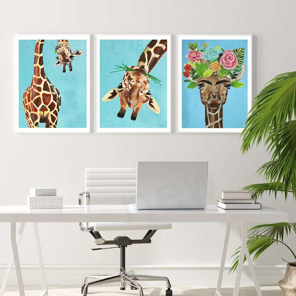 

Safari Animals Canvas Posters Giraffe With Green Leaf Art Print Painting Modern Nursery Wall Pictures Nordic Kid Bedroom Decor