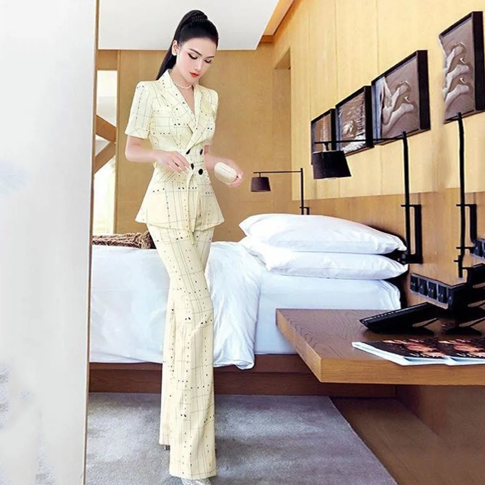 

2021 Summer Women's Striped Blazer Coat + Wide leg pants Two Pieces Set Elegant Office Lady Work Suits Female Fashio 2PCS