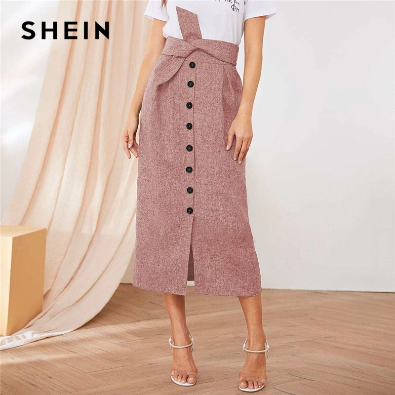 SHEIN пуговица Передняя плиссированная деталь поясом юбки женские лето осень высокая талия Прямые Твердые офисные женские элегантные длинные юбки