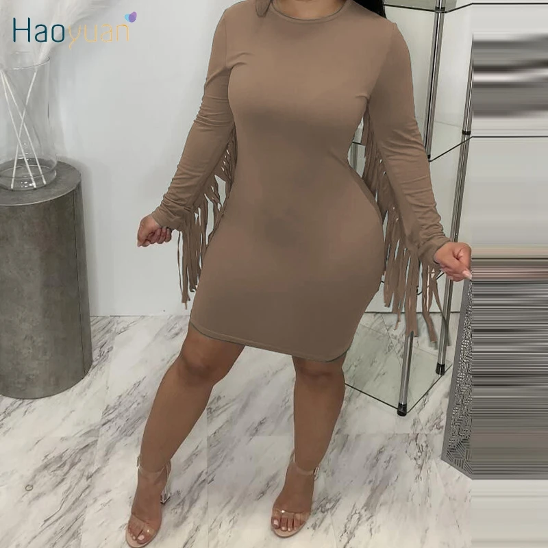 

Соблазнительное облегающее мини-платье HAOYUAN с бахромой, наряды на день рождения, осенняя одежда с длинным рукавом для женщин, праздничные пл...