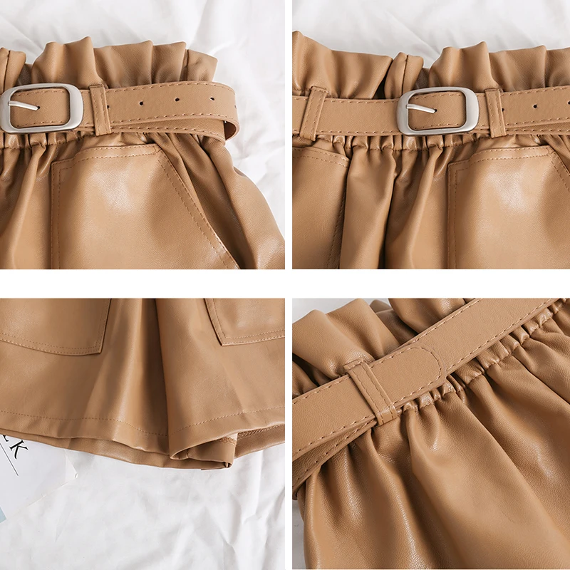 

High Waist Loose PU Leather Women Shorts Sashes Wide Leg Short Ladies Sexy Leather Shorts