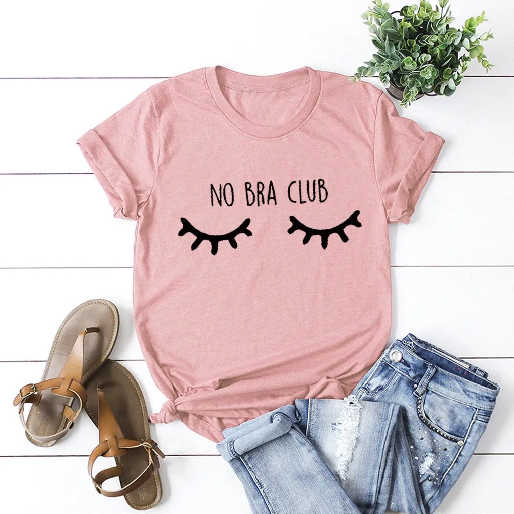 No Bra Club Letter Print T-shirt Women Multicolor Large Size Loose Fashion Tops Summer Casual Short Sleeved T Shirt Wild | Женская