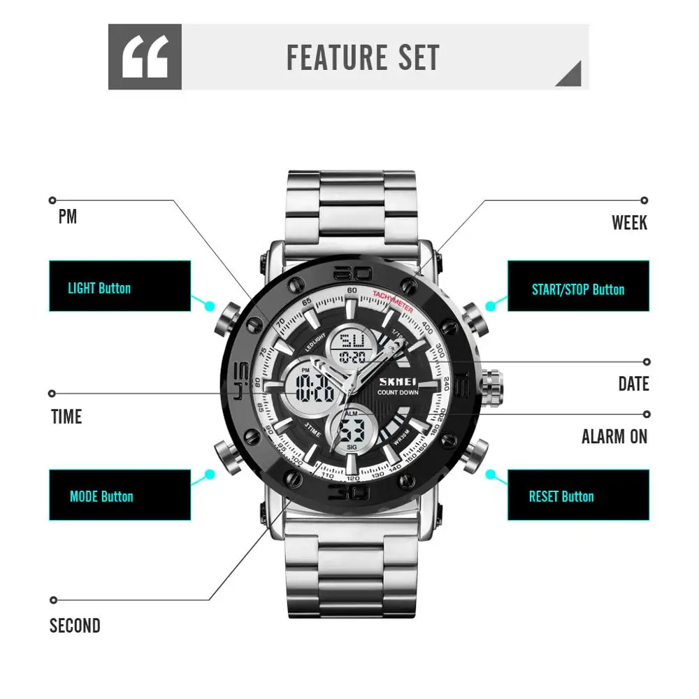

SKMEI Brand 3Time Men's Digital Watches LED Waterproof Luxury Stainless Steel Multifunction Quartz Wrist Watch reloj hombre 1636