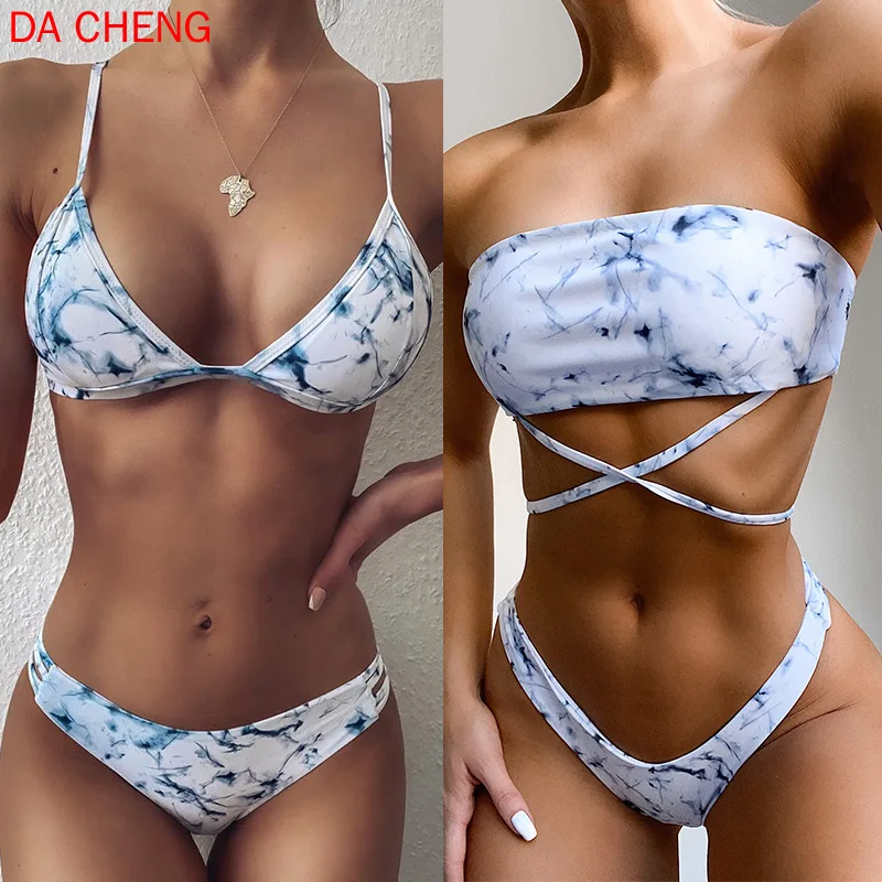 

European and American Popular Printing Ink Water Mill Marbling Bikini Double-Sided Split Swimsuit Swimsuits