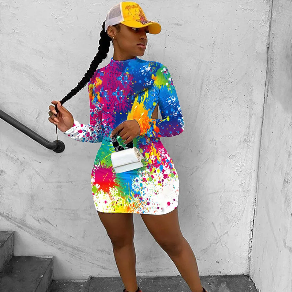 

Graffiti Print Long Sleeve Dress Fall Clothes for Women Streetwear Hip Hop Open Back Party Bodycon Mini Dress Clubwear Vestidos