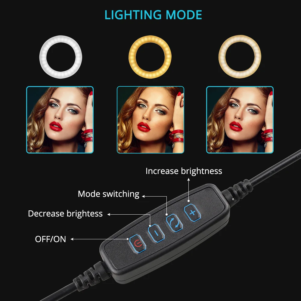 

Photography makeup mirror LED Selfie Light 22CM Dimmable make up Camera Phone Lamp Table Tripods phone holder stand USB Cable