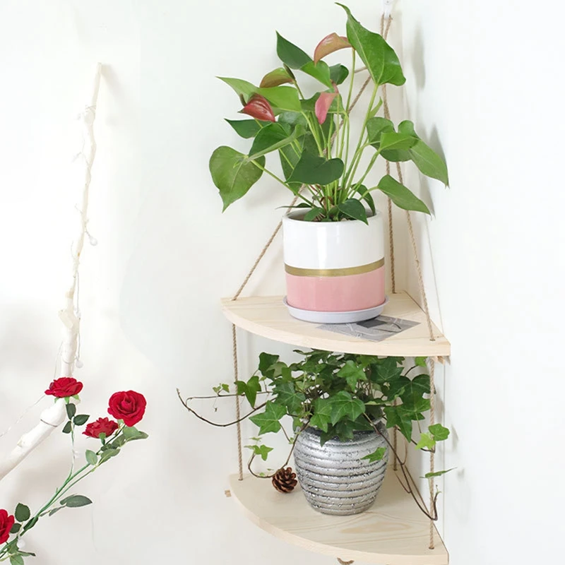 Деревянная подвесная полка угловая полки для ванной с веревкой домашнего