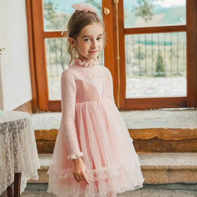 

Winter Sweet Princess Dress For Girls Children Birthday Wedding Prom Party Gowns Clothing Children Long Sleeve Mesh Hem Dresses