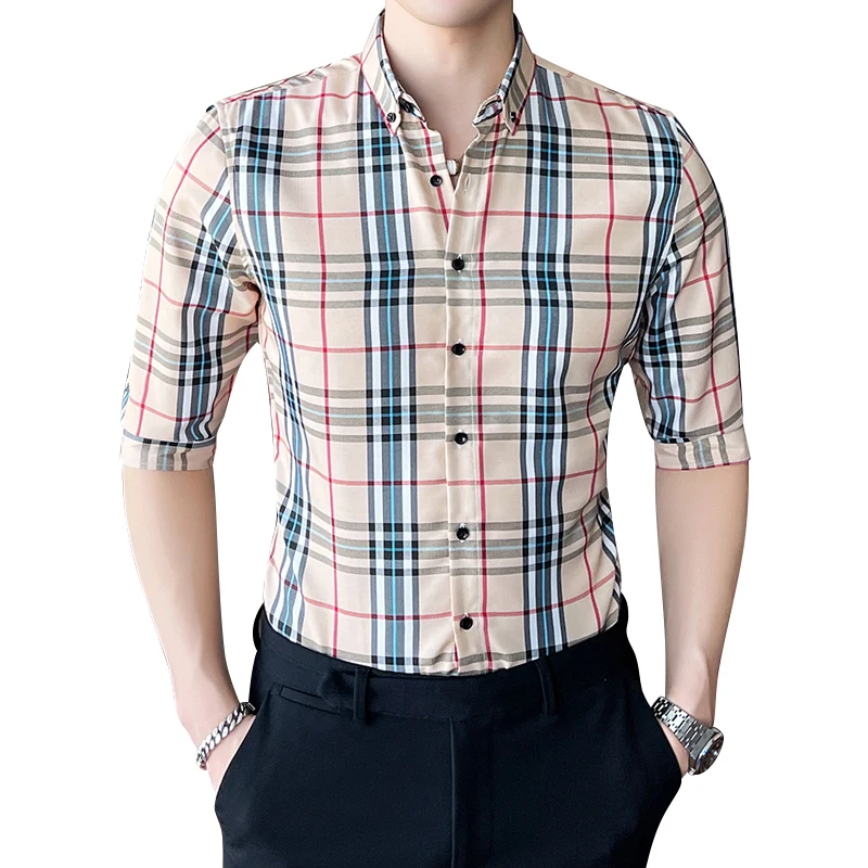 

Loldeal Men British Style Shirt 3/4 Sleeve Men Slim Plaid Batik Lapel
