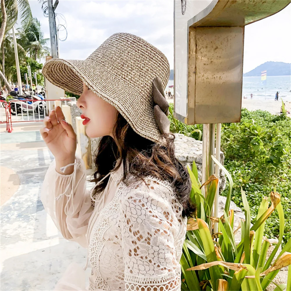 

Summer Women Sun Hat Beach Ladies Fashion Flat Brim Big Bow Casual Sun Hats 2022 New Women Straw Hat SHT003