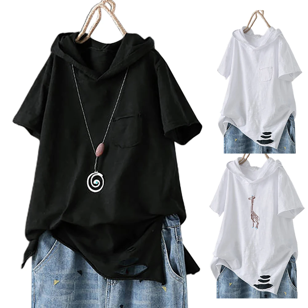Hoodie women Street wear Casual Solid Color Short Sleeve Ripped Giraffe Print Loose Hoodie sweetshirts oversized fashion