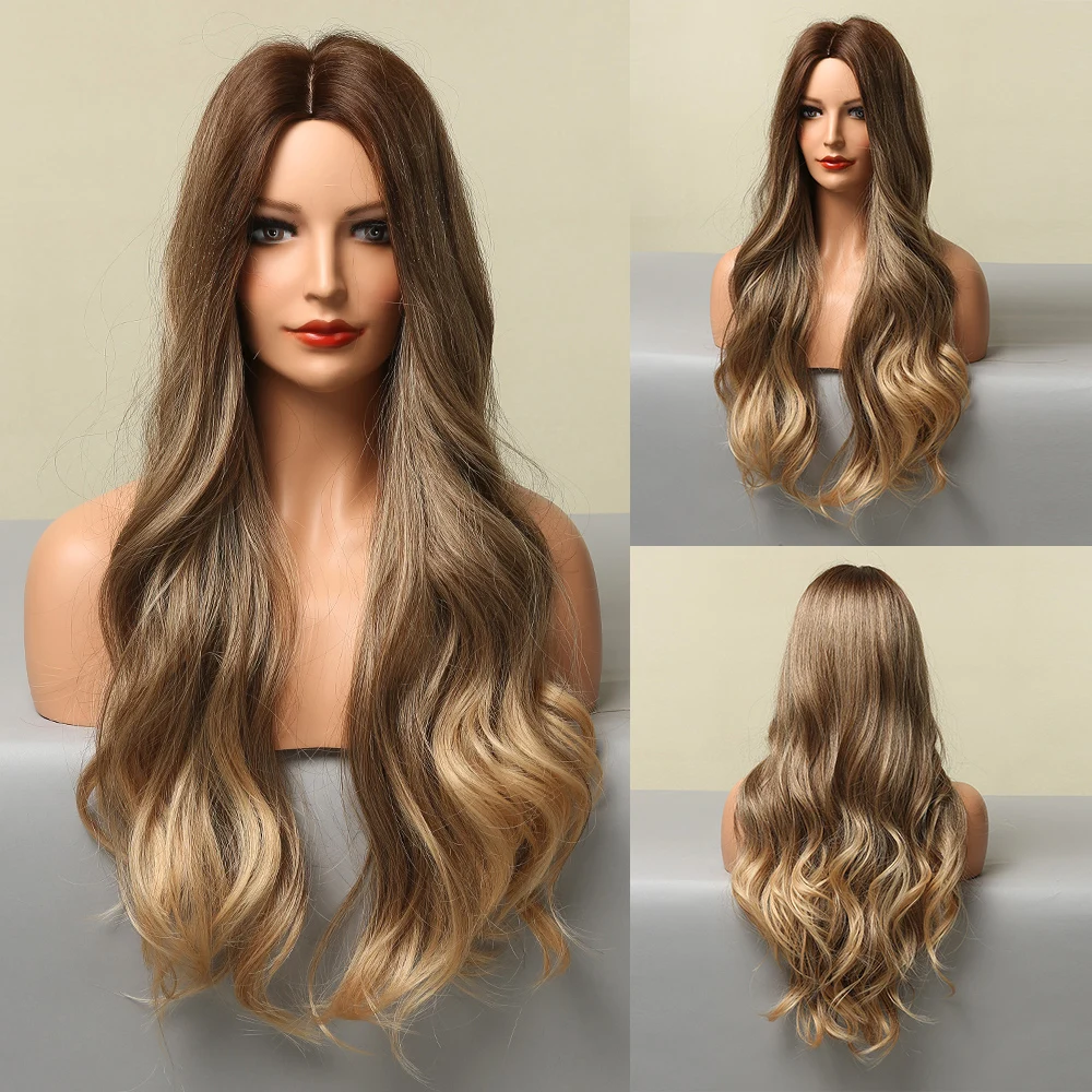 

HENRY MARGU Long Wavy Wigs Ombre Brown Honey Blonde Middle Part Synthetic Wigs for Black Women Afro Cosplay Heat Resistant Fibre