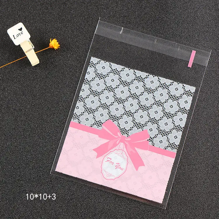 Pink And Bowknot LBSISI Life 100 шт 10*10+ 3 см мешки для печенья, конфет для дома Рождество свадебное украшение самоклеящаяся пластиковая упаковка для пищевых продуктов полипропиленовый подарочный пакет - Цвет: Pink And Bowknot