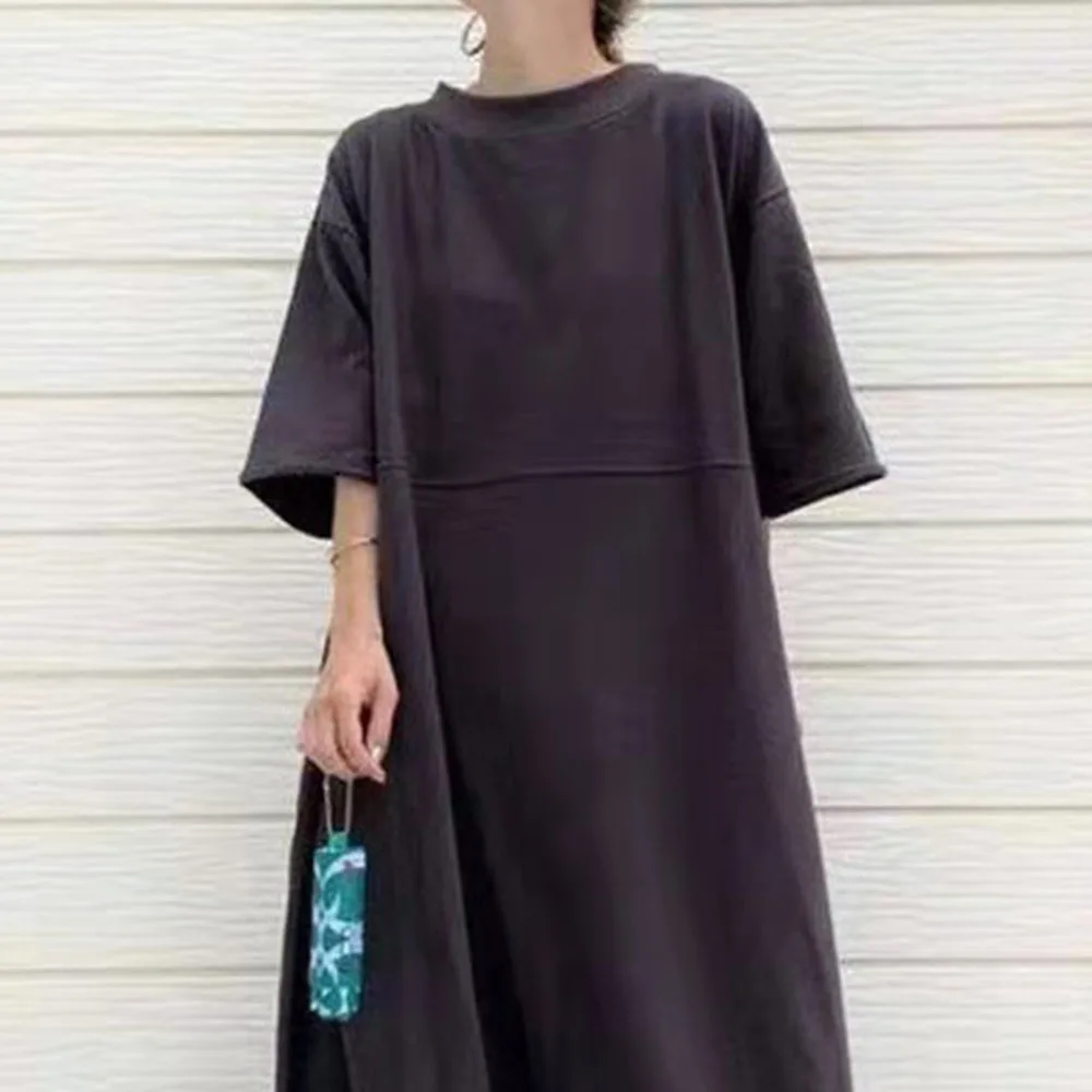 

Nice Japanese Round Neck Short Sleeve Loose Simple Dress Solid Color Long Skirt Loose Temperament Women's Casual Summer Pop