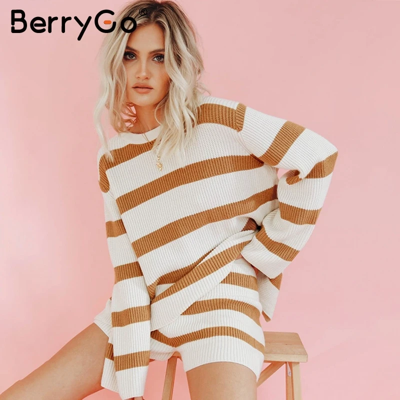 BerryGo Two-piece striped women pullover sweater Lace up long sleeve female jumpers Autumn winter warm knitted ladies sweaters | Женская