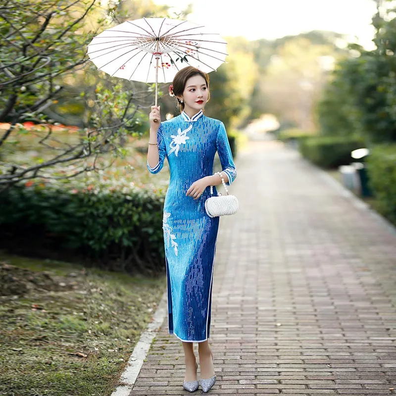 Синее бархатное платье-Ципао с блестками женское платье рукавом средней длины