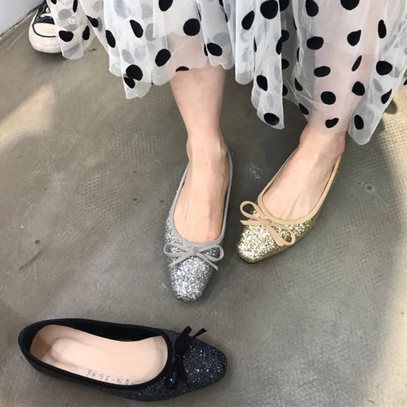 

Bailamos Bling Bling Bow-Tie Ballet Flats Women Shoes Shallow Square Toe Moccasins Slip On Leisure Loafers Brand elegant balleri