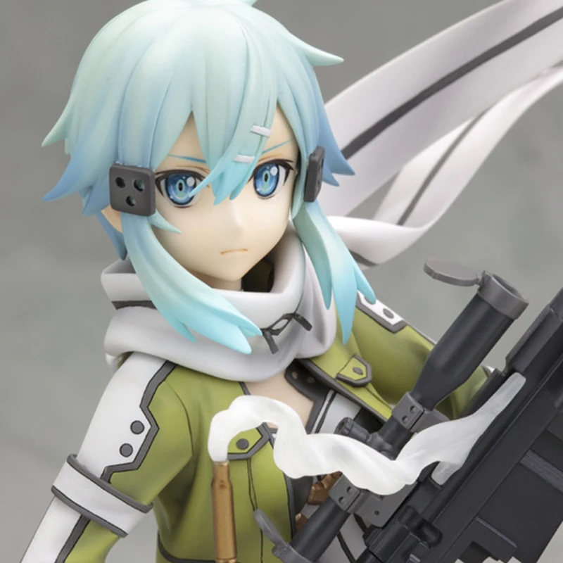 

23cm Anime Sinon Action Figure Fighting Position Anti-rock Base Ghost Bullet Pretty Girl with A Gun In Hand Suit PVC Model Toys