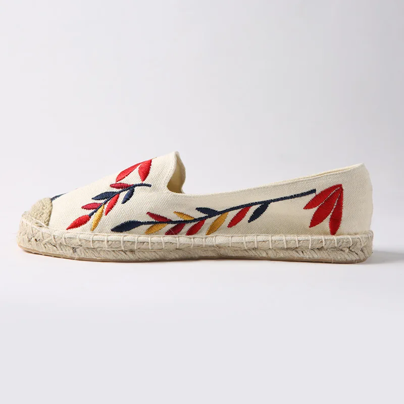 Women Handmade Slip On Shoes Khaki Floral Embroid Loafers Linen  Espadrilles Comfortable Casual Exercise Zpatillas Mujer Sapatos