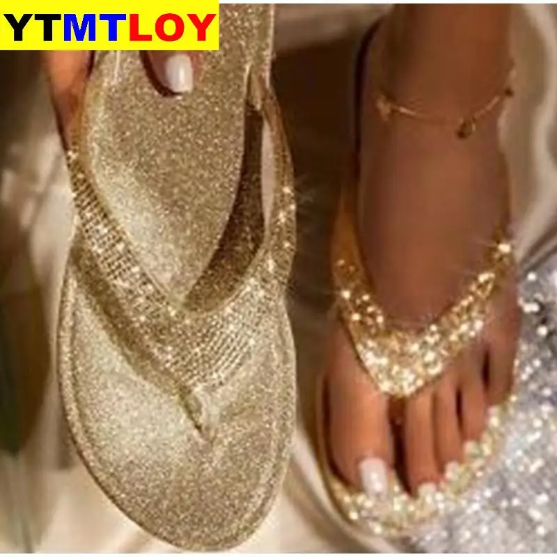 Plus Size Women Flip Flop Slippers Slides Bling Rhinestone Ladies Shoes Casual Summer Flat Female Crystal Glitter Woman | Обувь