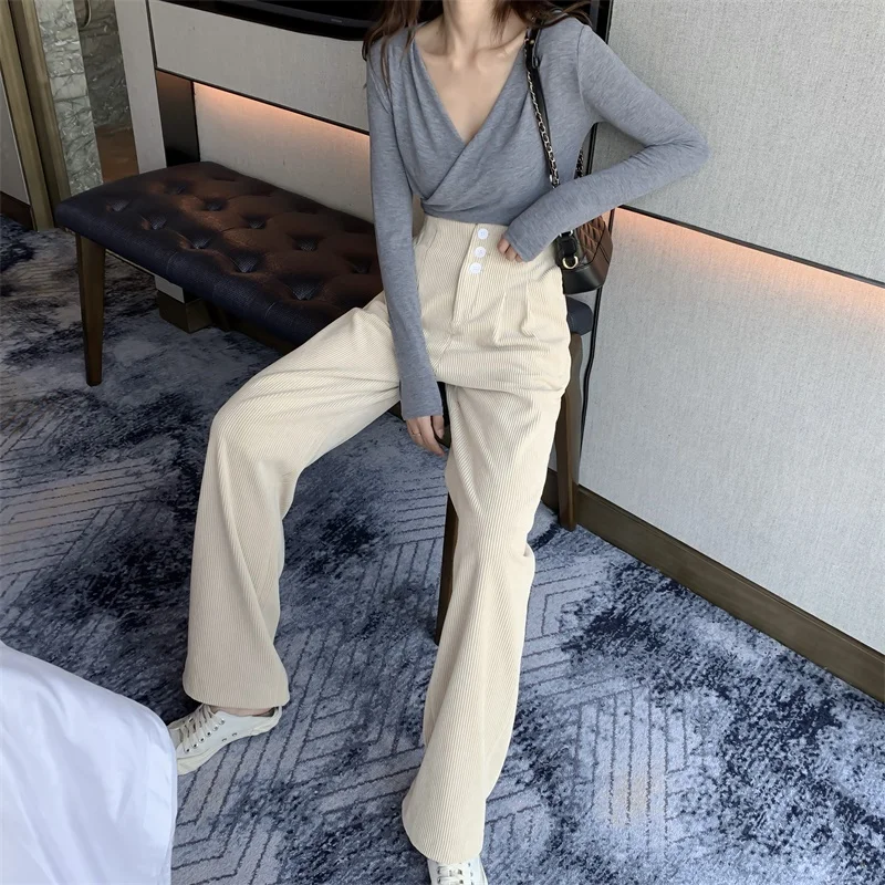 Женские винтажные широкие брюки шаровары вельветовые однотонные весенние