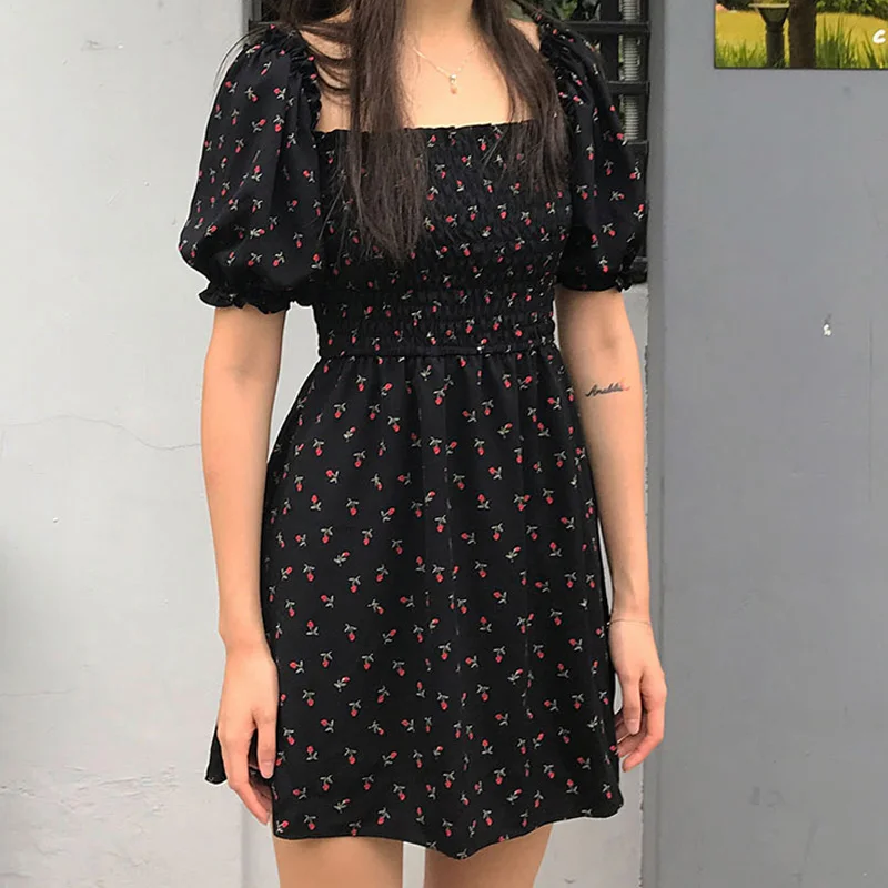 

Square Collar Chiffon Floral Dress Kawai a Line Vestido Boho Black Mini Vestidos Verano 2020 Korean Retro Cute Harajuku