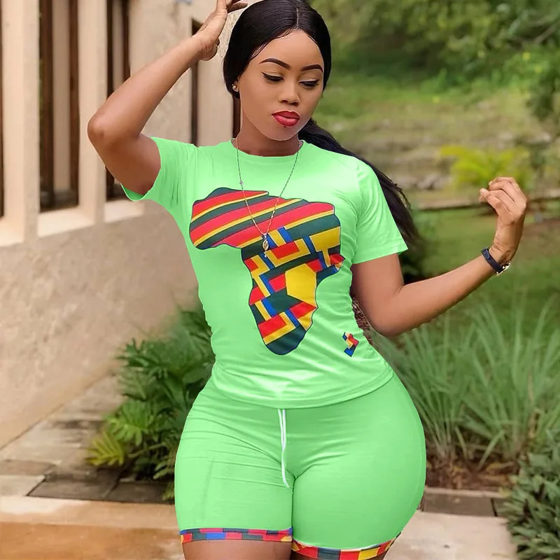 

Donsignet Women's Suit Fashion Summer Temperament Round Neck Pullover Solid Color Camouflage Printing Slim Sports 2-piece Suit