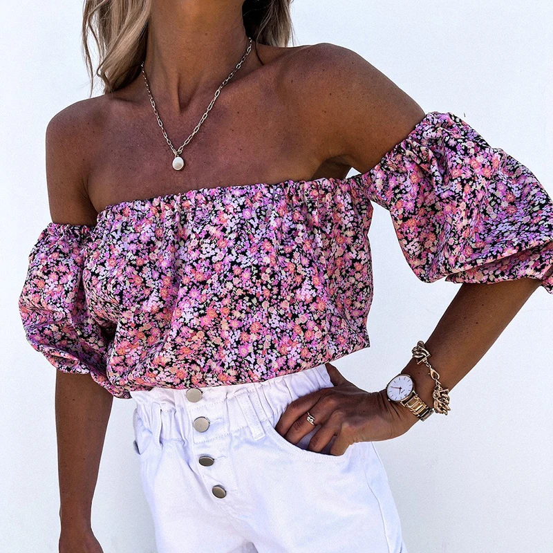 

Women Summer Off Shoulder Blouse Floral Print Short Lantern Sleeve Slash Neck Top Shirt Blouse Sexy Backless Female Blusas 2021