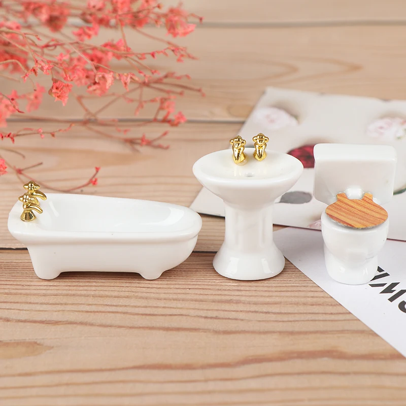 1Set(3pcs) 1/24 Dollhouse Miniature Bathroom Set Ceramic Bathtub Toilet for Dolls House Furniture Play Toy 3Styles
