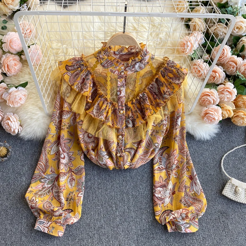

Женская шифоновая блузка с цветочным принтом, приталенная блузка с оборками и воротником-стойкой, с пышными рукавами, весна-осень 2021