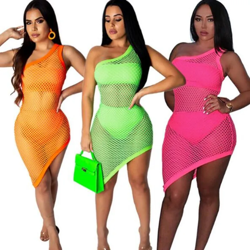 Женское платье в сеточку комплект из 3 предметов на одно плечо Открытое + топ