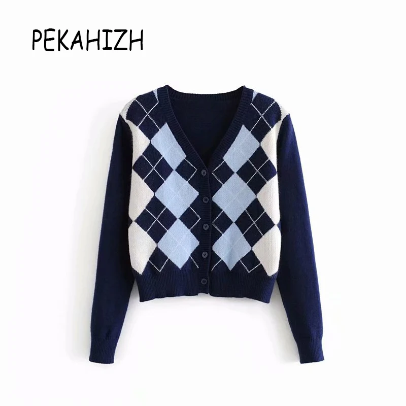 

fashion slim womne knitted sweater 2020 vintage V-Neck long sleeve cardigans sweater casual argyle button sweaters 2020 new
