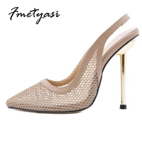woman high heeled sandals air mesh sewing thin heels hollow ankle strap super high heels pointed toe summer breathable