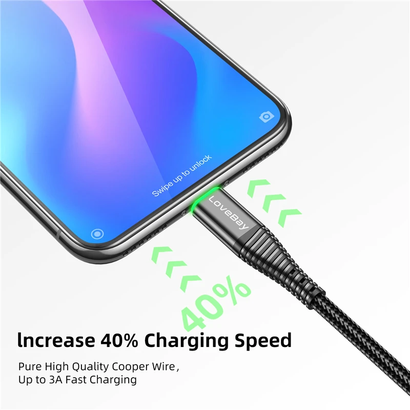 Lovebay чехол светодиодный 2 м микро USB кабель 3A QC 3 0 Quick Charge провода для Xiaomi Samsung Android